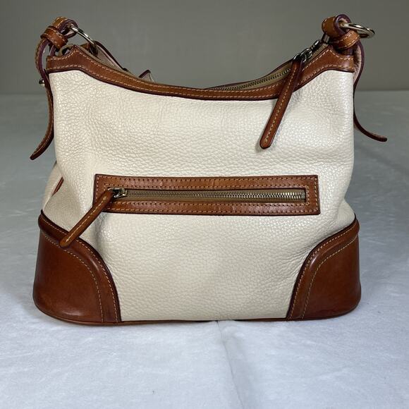 Dooney Bourke Tan Pebbled Leather Drawstring Pocket Lock Bucket Shoulder Bag FS - Picture 4 of 16